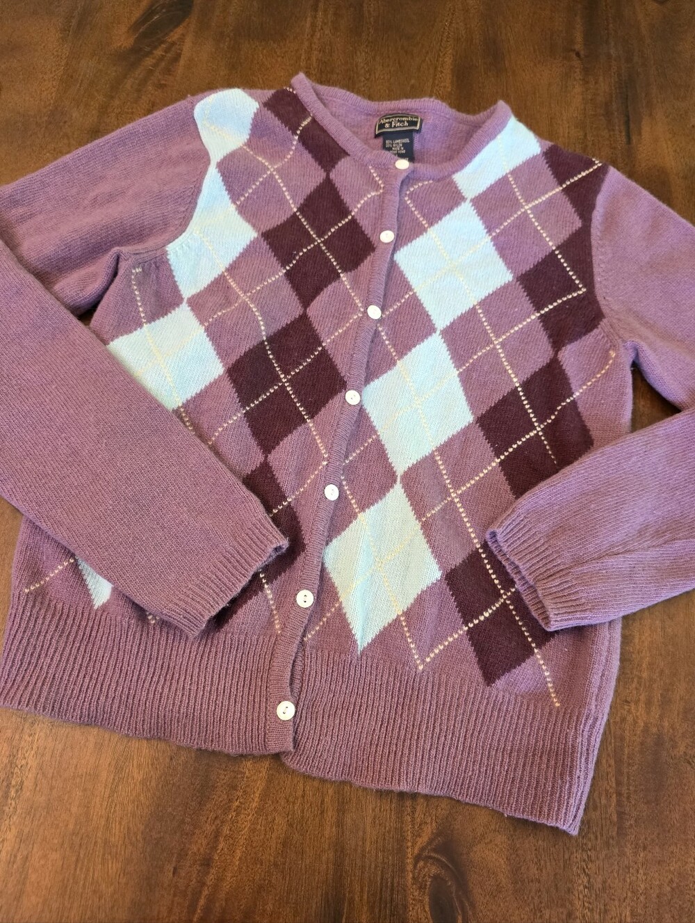 Vintage 90s Abercrombie & Fitch Plaid Argyle Womens L Preppy Lambswool Cardigan